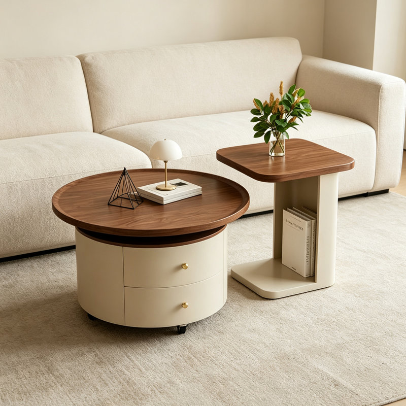 Roulettes mobiles de table basse de salon, 17.71" H x 23.62" W x 23.62" D, Cream