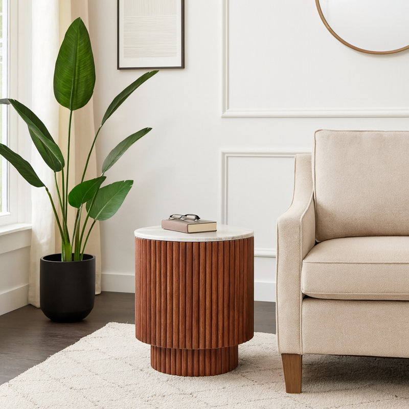 Odera Ribbed Pedestal End Table Detailing With Marble Top Accent - Stylish Small Round Side Table For Home Decor - Statement Narrow End Table Or Living Room End Tables For Any Interior Design - 20"