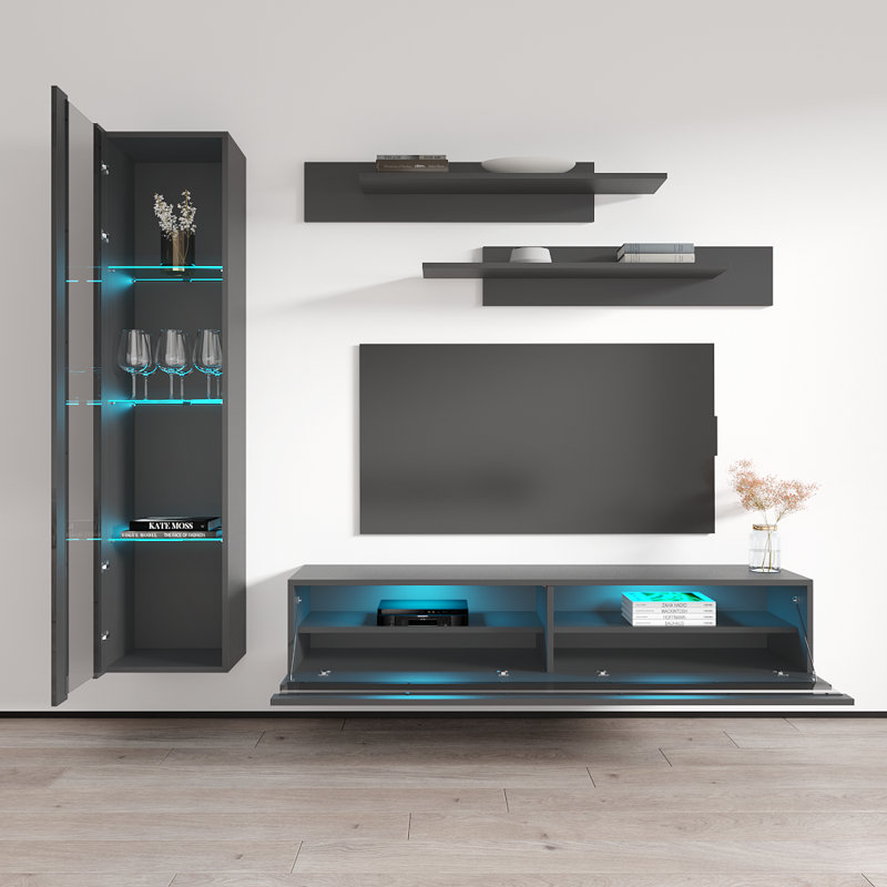 Lineberry 85" Modern Floating Wall Mounted Entertainment Center with 16-Color LED Lighting, High Gloss Finish, Gray