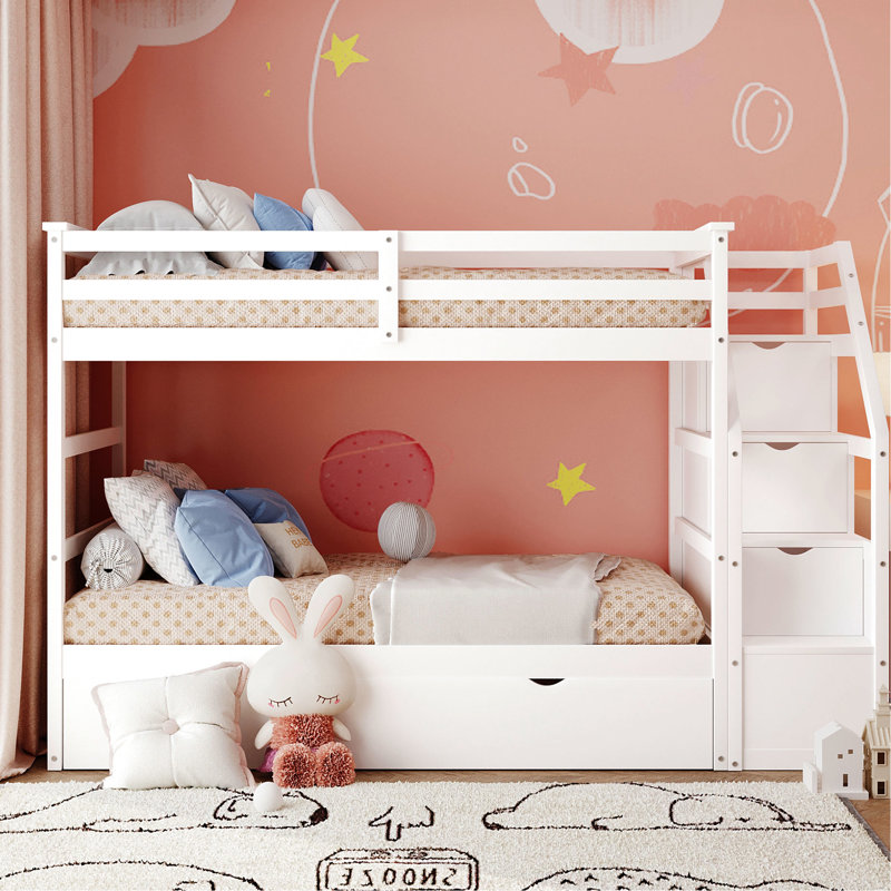 Lit superposé Twintwin avec lit gigogne et 3 escaliers de rangement blancs - Offre un arrangement de sommeil confortable et pratique pour des matériaux de qualité pour une utilisation à long terme dans une chambre à coucher