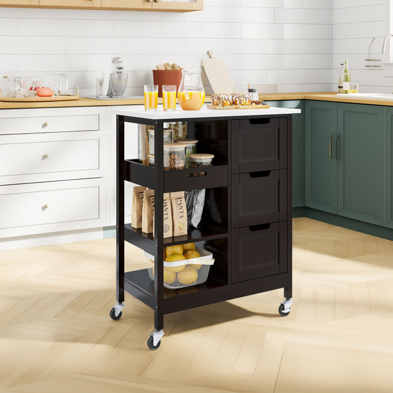 Ariayah Solid Wood Top Kitchen Island Cart with Wheels  & Drawers, Black/Brown