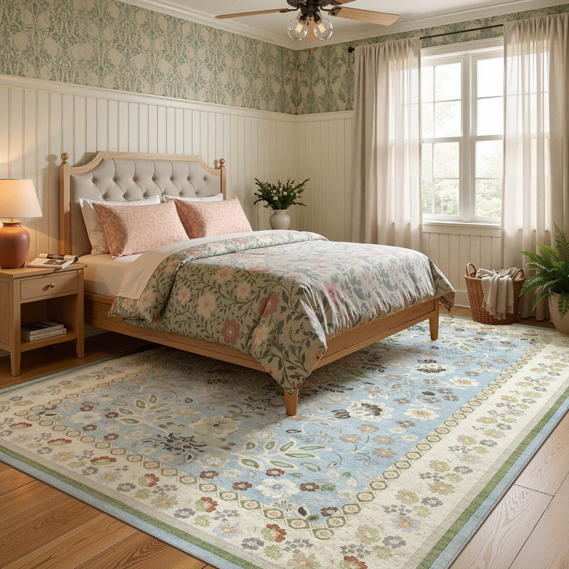 Washable Floral Boho Area Rug Modern with Non-Slip Backing for Living Room Bedroom-Blue, Rectangle 9' x 12', Blue