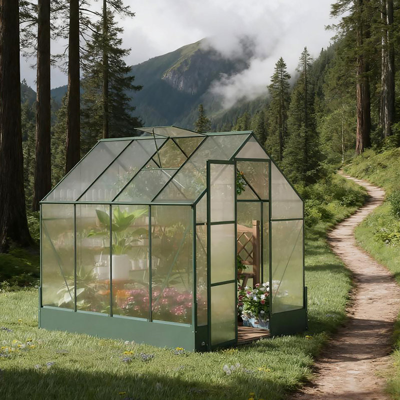 Serre en polycarbonate de 8 pi x 6 pi avec évent de toit et gouttière, Vert, H 86,4 po x l 74,4 po x P 98,4 po