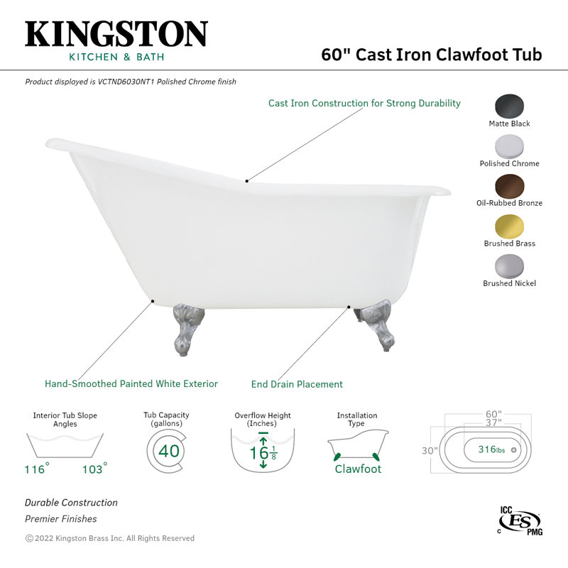 Baignoire sur pattes ovale en fonte 60 po Kingston Eden, Bronze frotté à l'huile