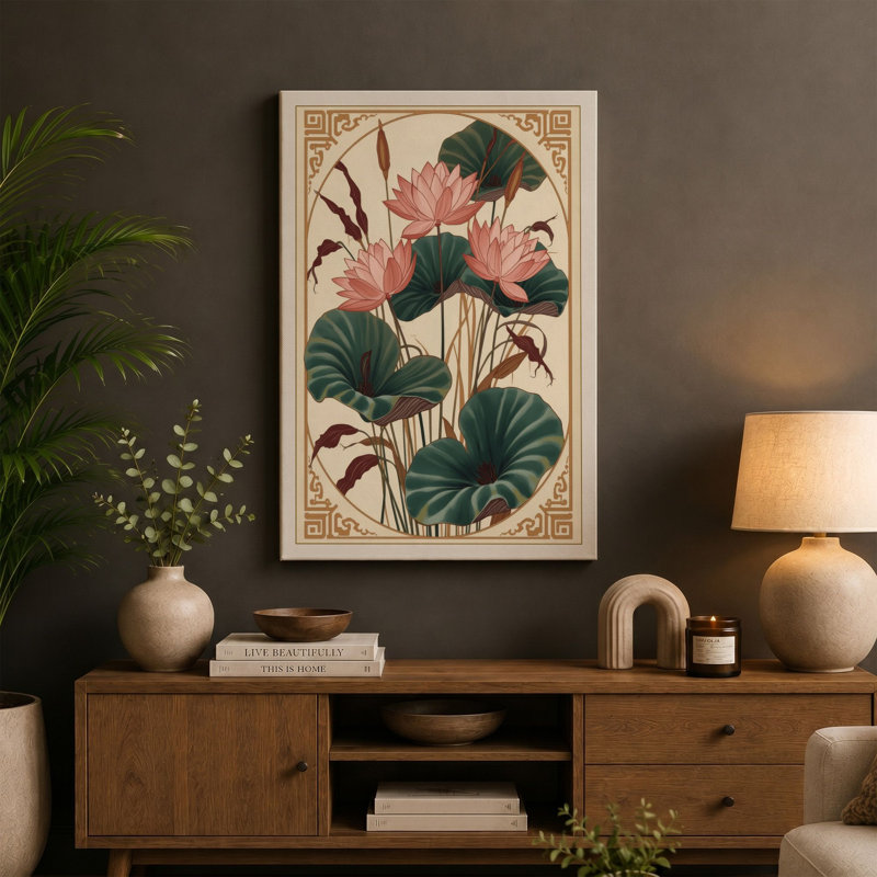 Pink Lotus in Frame Botanical - Wrapped Canvas, 24x16 - 61.0 x 40.6 cm, Taupe Border