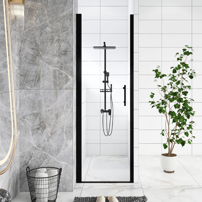 24.In W X 72.In H Pivot Shower Door, Matte Black Aluminum Frame, Half Frame ,1/4 In Thick Tempered Glass Explosion Proof Film