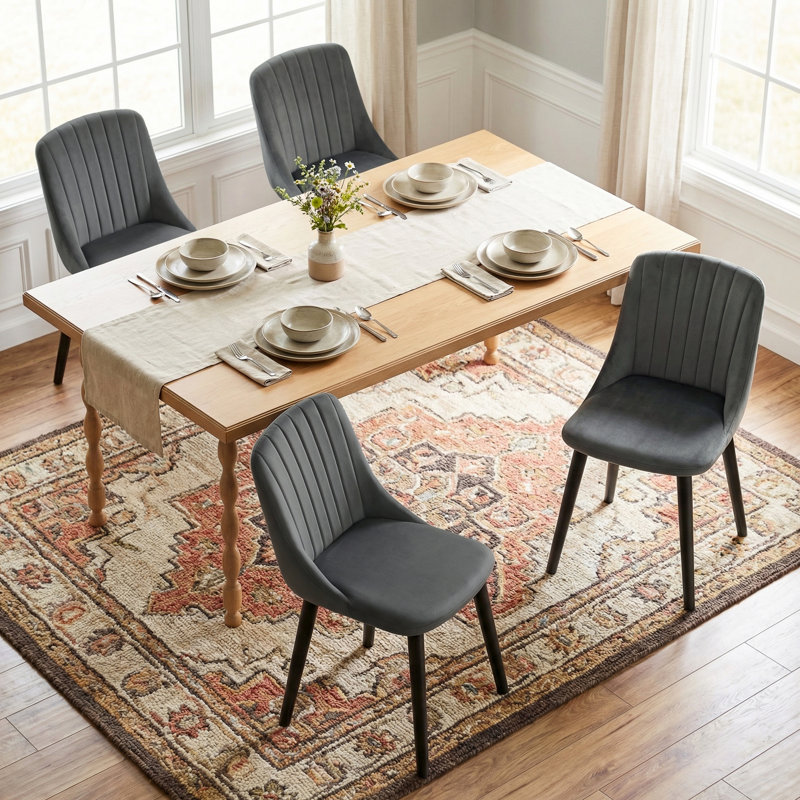 48.5cm H Upholstered Dining Chairs With Wooden Legs, 4, Dark Gray Velvet/Black