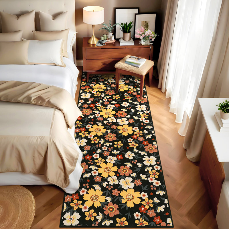 Large Modern Living Room Rug Washable Floral Print Accent Carpet With Rubber Backing, Stain-Resistant Farmhouse Floor Cover Low Pile Rugs