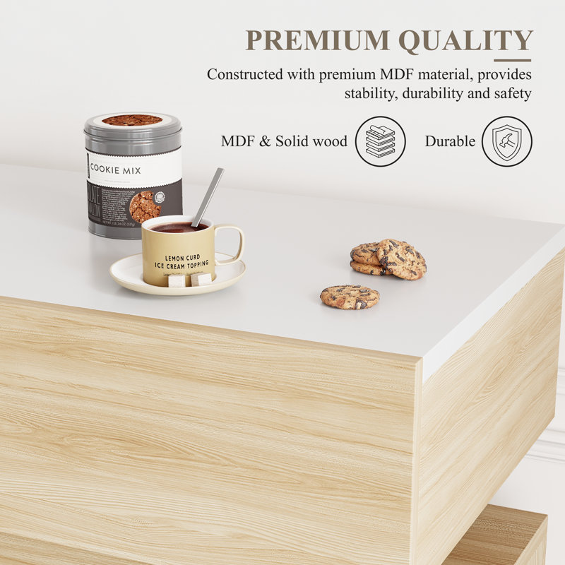 Buffet polyvalent pour buffet de cuisine - 3 tiroirs, tablette réglable - Chargeur USB Type-C - Portes en verre arquées - Rangement spacieux - Salle à manger, salon, bar à café - Couleur: bois naturel et blanc