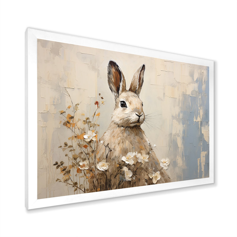 «Bunny S Curious Flower Charm I - Rabbit», art mural, Cadre simple blanc, H 16 po x l 32 po x P 1 po