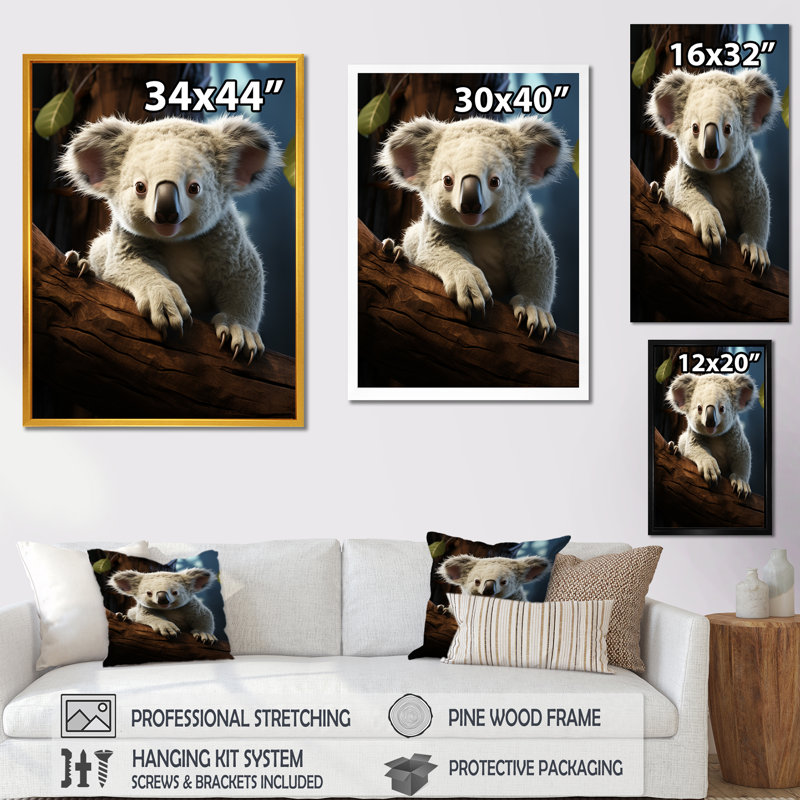 «Realistic Koala Eucalyptus Observer 3», art mural Koala, Toile tendue, 32" H x 24" W