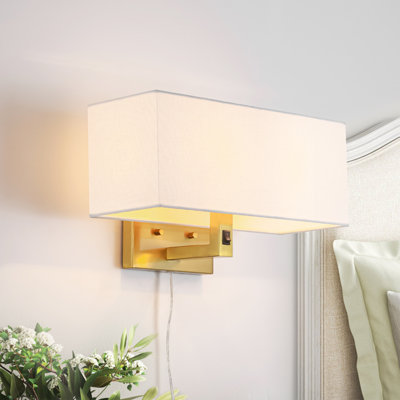 2-Light Modern Boho Rectangular Fabric Shade Wall Sconce with Pull Switch