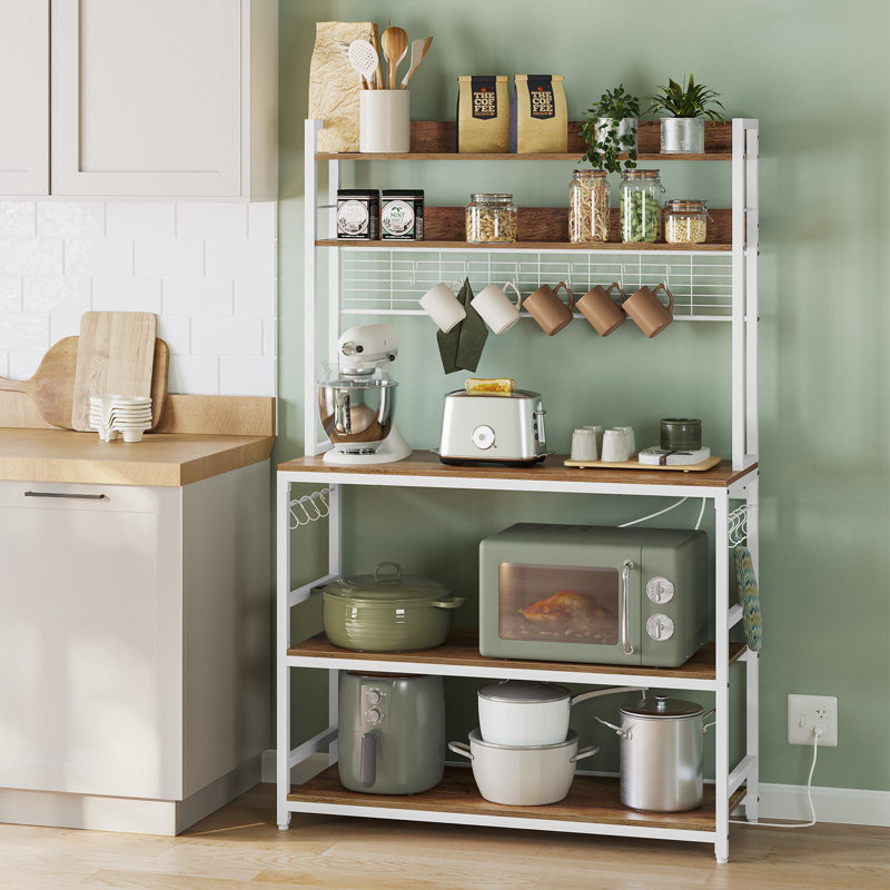66.9''H 5-Tier Baker’s Rack with Power Outlet & Adjustable Shelf, Rustic Walnut/White, 66.9'' H x 39.4'' W x 15.7'' D