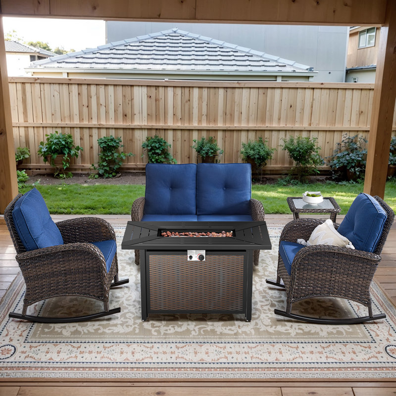 Aluel 5-Pieces Outdoor wicker patio Conversation Set with Gliding Loveseat and Rectangular Fire Pit Table with Windshield