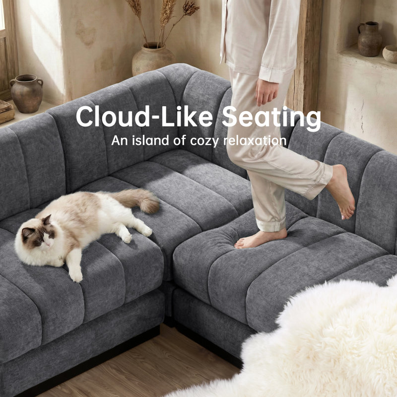 Myrhn 6-Piece Chenille Modular Sectional, Large L-Shaped Deep Seat Sofa With Wood Base, Gray Chenille
