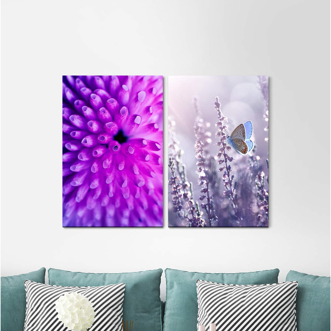 2-tlg. Leinwandbilder-Set - Fotografie „Coral Violet Butterfly Summer Spring Nature”