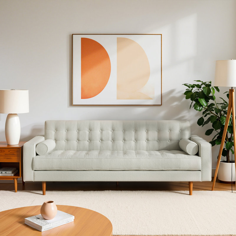 Kerney Upholstered 85'' Sofa, White/Natural Leg