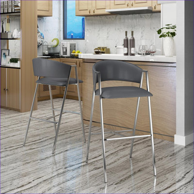 Ensemble de 2 chaises de bar Mid-Century de 28 po pour adultes, tabourets de bar rembourrés en similicuir avec cadre argenté
