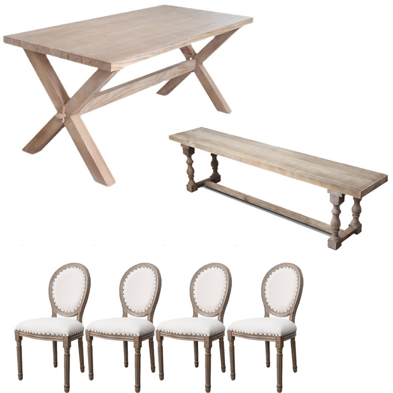 American Style Solid Wood Rectangular Dining Table, 29.5"H x 70.8"L x 31.4"W, 6 Pieces: Table, Bench, 4 Chairs