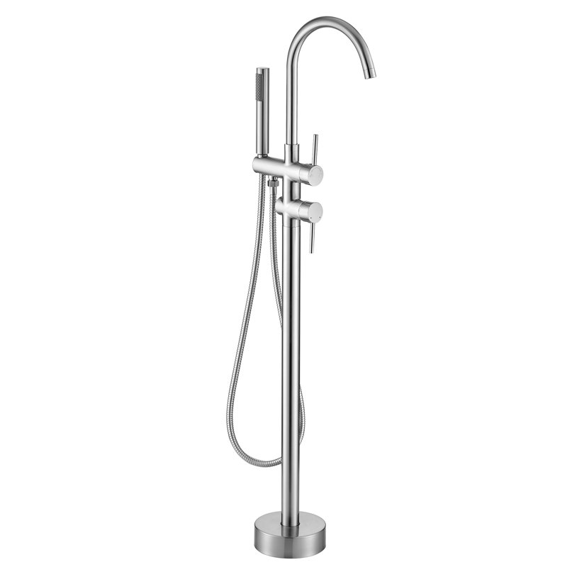 Double Handle Floor Mounted Freestanding Tub Filler Faucet with Handshower, Brushed Nickel