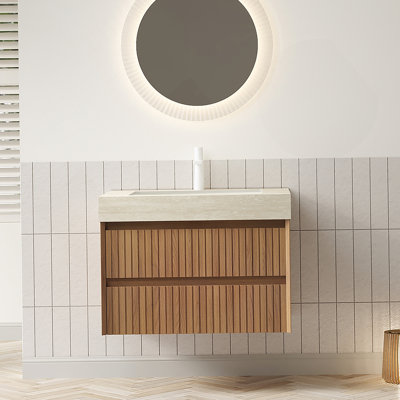 Meuble-lavabo 30 po, armoire de rangement flottante rayée en contreplaqué avec 2 tiroirs, plateau en pierre frittée à motif de travertin avec cuve en céramique encastrée, couleur grain de bois espresso