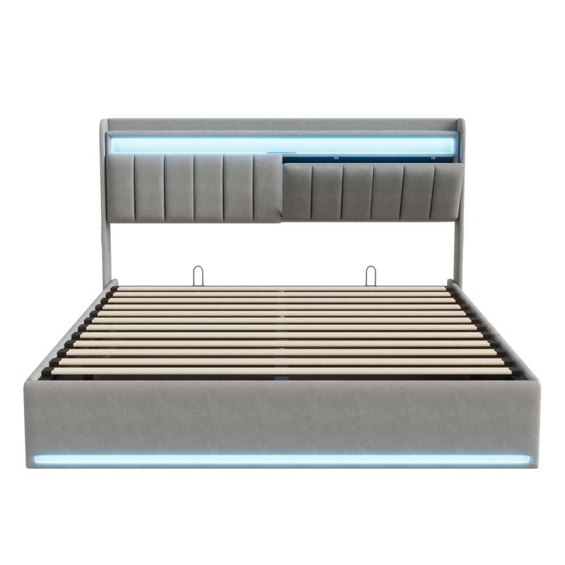 Modern Velvet Upholstered Ottoman Bed With Surround LED Lights & Storage Headboard, European Double & King Size Frame With USB-C Port, Grey & Beige