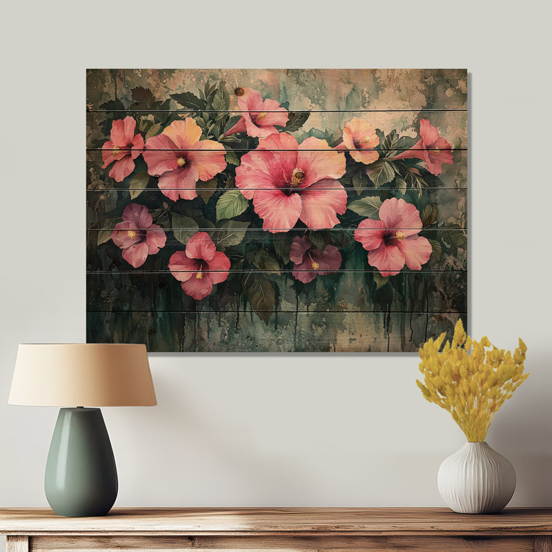 Fleurs d'hibiscus en harmonie tropicale I - décoration murale en bois d'hibiscus - sur bois de pin naturel, H 24 po x l 32 po