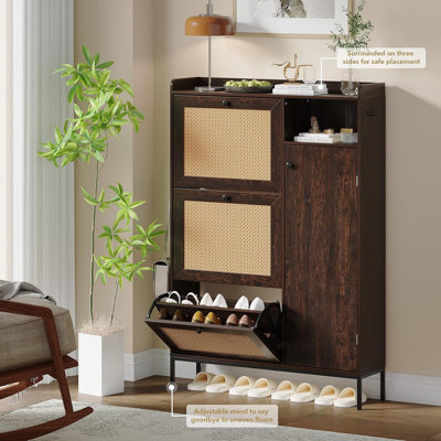 Range-chaussures en rotin avec 3 tiroirs rabattables et tablettes réglables, organisateur de vestibule mince avec boutons en métal, style bohème