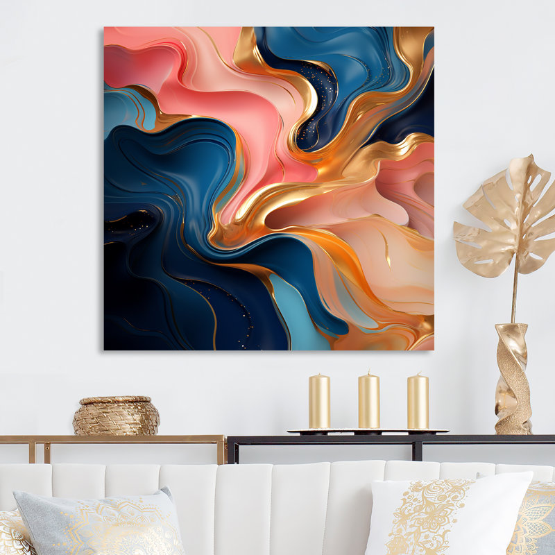 Rose et or, encre liquide Abstraction III - encre liquide, art mural abstrait en métal, H 29 po x l 29 po