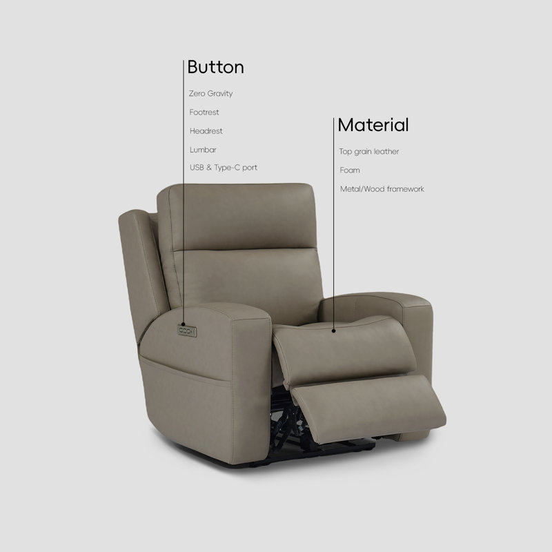 Top Grain Leather Power Recliner with Zero Gravity, Lumbar Support, USB and Type C Charging, Dark Beige Genuine Leather