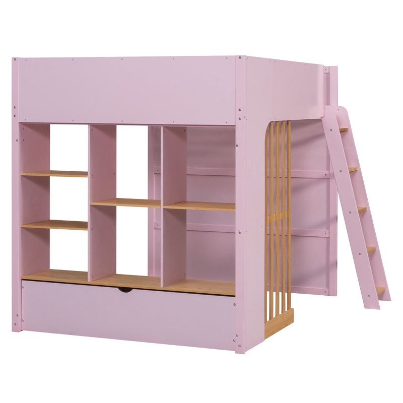 Lit mezzanine en bois avec tablettes de rangement et tiroir accessible à deux côtés, cadre de lit mezzanine à deux tons pour enfants