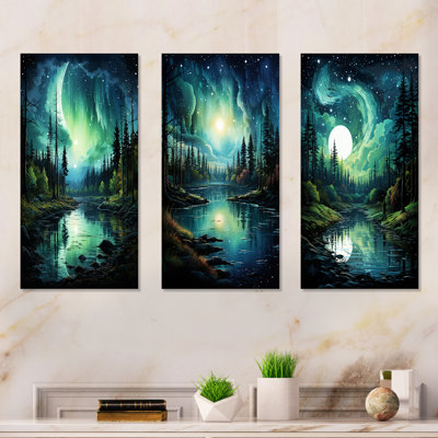 Northern Lights Aurora Reflection I - ensemble de 3 impressions murales sur toile Northern Lights