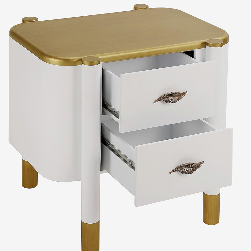 Table de chevet 2 tiroirs avec profil incurvé, table de chevet avec poignées en métal en forme de plumes et pieds exposés, table de bout