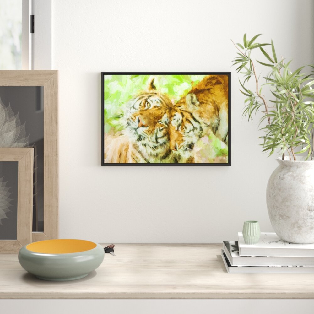 Gerahmtes Wandbild Zwei liebkosende Tiger Kunst