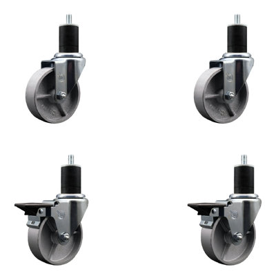 Semi Steel Wheel Swivel Expanding Stem Caster Set 2 Brakes SCC PLB 4" x 1-3/4"