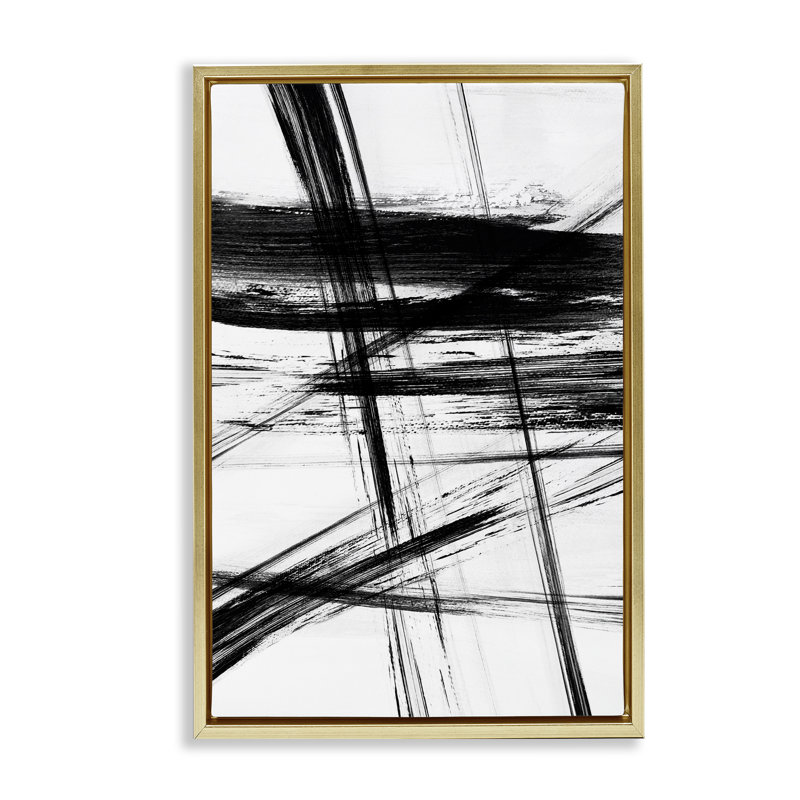 Minimal Black Streaks, Metallic Gold Floater Frame, 25" H x 17" W