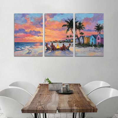 3 pièces d'art mural côtier, art mural sur toile photos de plage, décor de scène de plage océanique pour salon, art mural de paysage côtier vibrant avec maisons de plage et coucher de soleil, prêt à accrocher 20 po x 30 po x 3 pièces