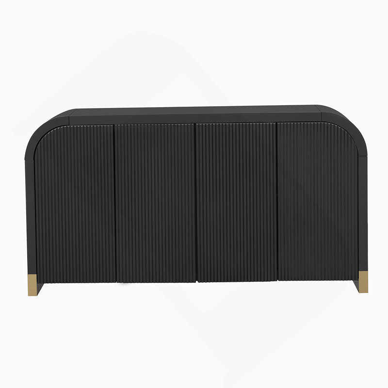 4-Door Curved Corner Design Wavy Door Panel  Cabinet With Adjustable Shelves, Black