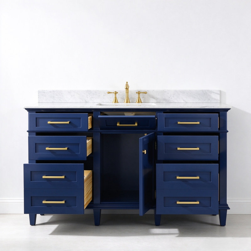 Mallery 60 " W Freestanding Standard 1 Single Vanity Bathroom Vanity With Marble Top, Blue