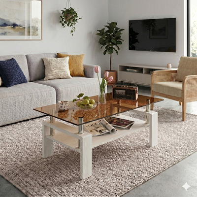 Glass Coffee Table for Living Room, Modern Rectangle Coffee Table with Storage Shelf, Mid Century 2-Tier Center Table with Metal Legs