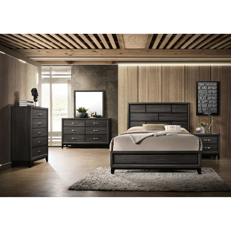 Antique Gray Queen Size Bed With Modern Style And Wooden Frame Bedroom Bed, Color, Panel Headboard, Rubberwood & Plywood