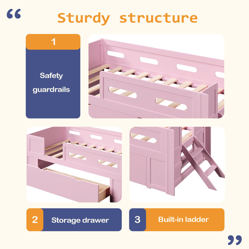 Lit plateforme en bois avec garde-corps et tiroir, Twin, Pink
