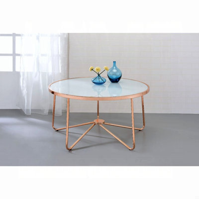 Rose Gold Finish Coffee Table Round Frosted Glass Top Modern Living Room Furniture 1Pc Classy Occasional Table