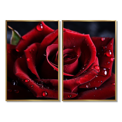 Rose rouge avec gouttes de pluie I - grandes impressions sur toile florales