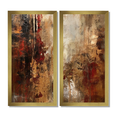 Ancient Italian Revelations In Gold And Red - Abstract Painting Canvas Print, Gold Abstract Wall Art 2 Piece