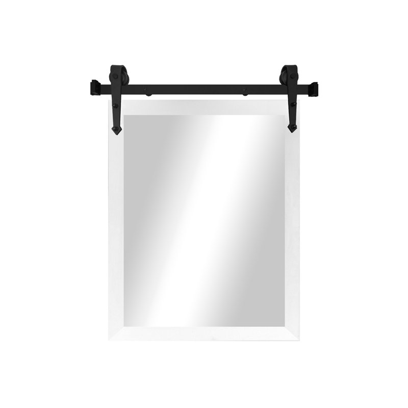 Miroir rustique moderne avec rail de porte de grange en acier, 40 x 33, Blanc lustré