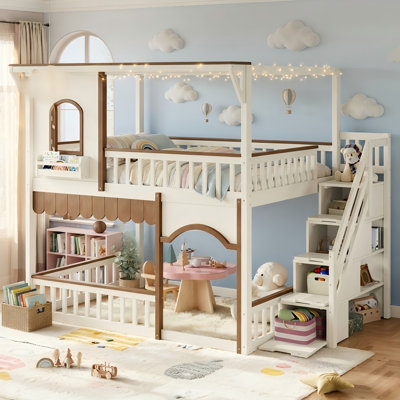 Lit superposé double au-dessus de double avec escalier de rangement, lit convertible avec bibliothèque et fenêtre
