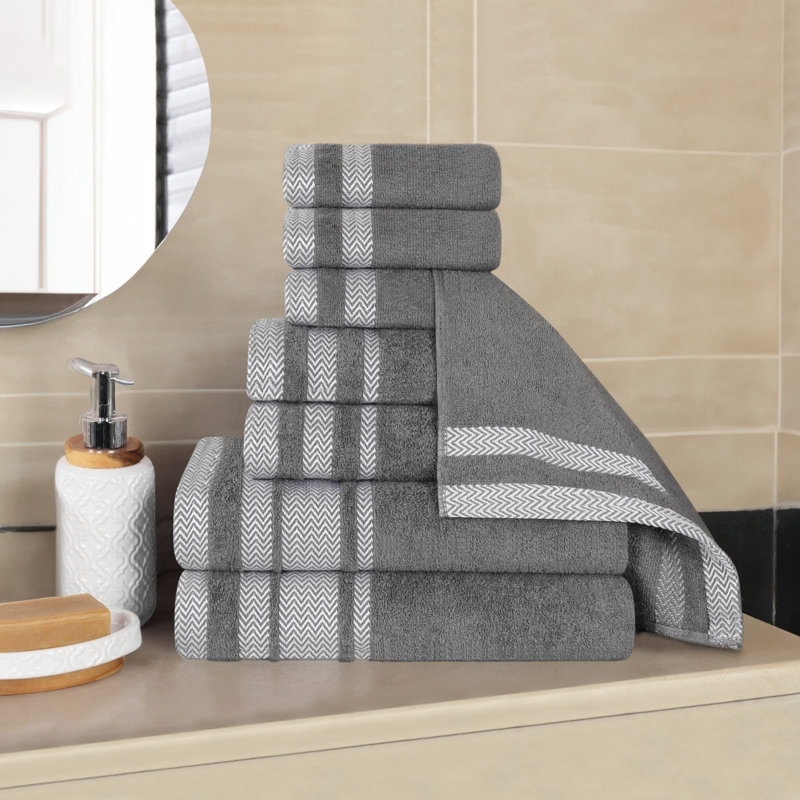Geona Cotton Solid Dobby Border Plush Soft Absorbent Assorted 8 Piece Bathroom Towel Set, Gray