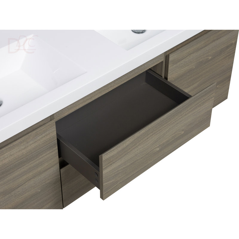 Meuble-lavabo flottant de 60 po avec lavabo, armoire de rangement murale avec lavabo à surface solide, deux lavabos et tiroirs à fermeture en douceur entièrement assemblés