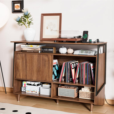 Large Record Player Stand With Charging Station, Holds 300 Albums, Walnut